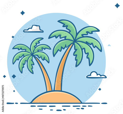 Tropical island illustration with two palm trees under a blue sky depicting summer vacation and beach paradise
