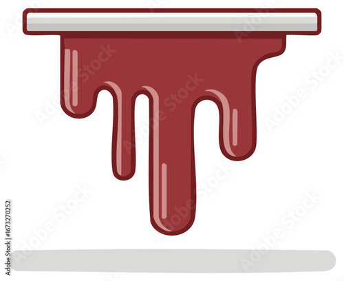 Viscous red liquid dripping from a horizontal bar with a metallic sheen