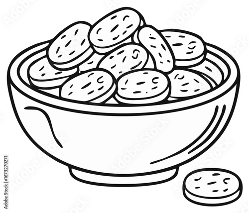 Pickled Cucumber Slices in a Bowl Hand Drawn Cartoon Line Art Illustration