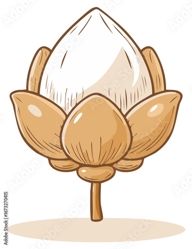 Illustration of cotton plant bolll ready for harvest. Raw cotton ball on stem with brown pods. Farm agriculture produce
