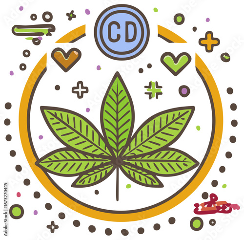 Whimsical Cannabis Leaf Design with Doodle Accents and Circular Border for Modern Prints and Graphics