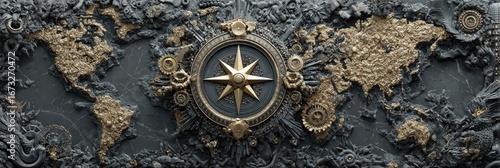 Ornate world map with compass rose, detailed relief