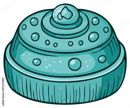 Whimsical turquoise disc shaped space vehicle with bubble accents