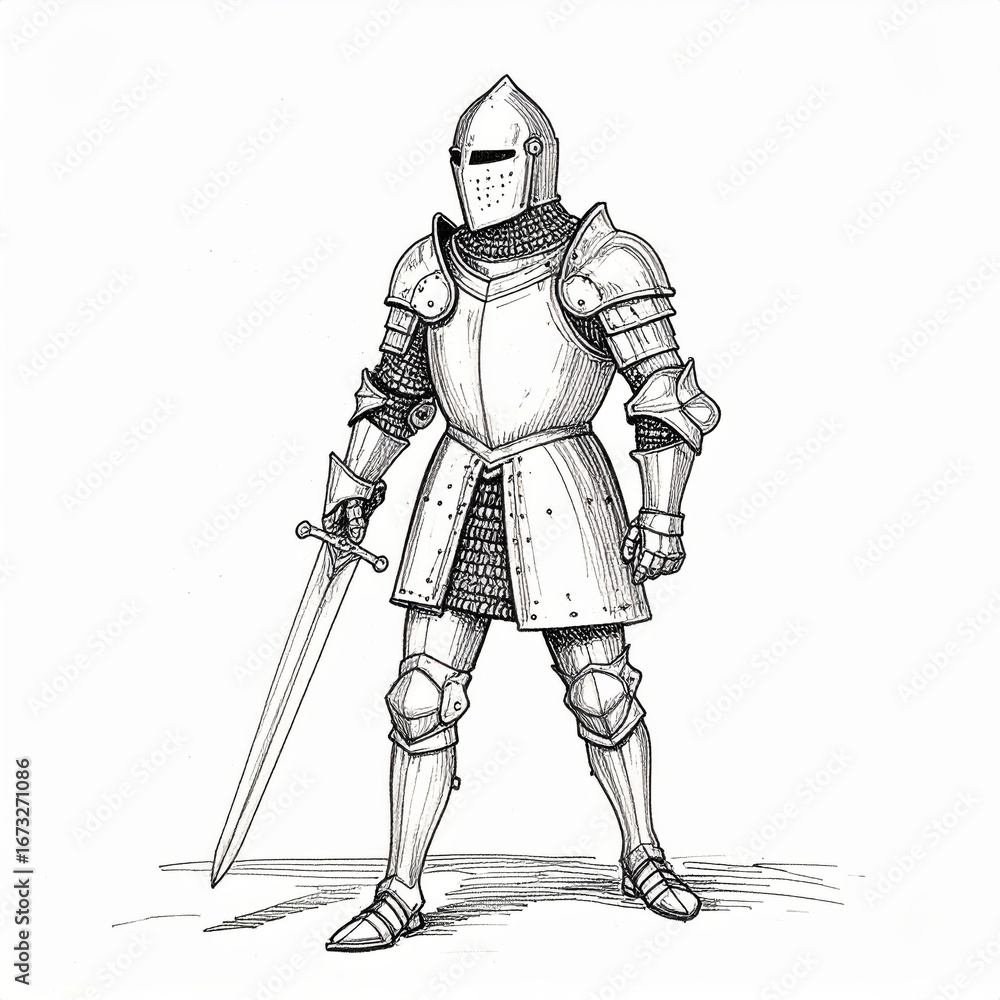 Obraz premium Ink sketch of a medieval knight with sword