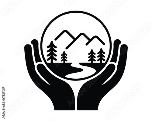 Peace symbol design of a hand holding a tree with fingers and palm silhouette