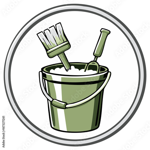 Green bucket with paintbrush and hand trowel illustration for renovation and construction
