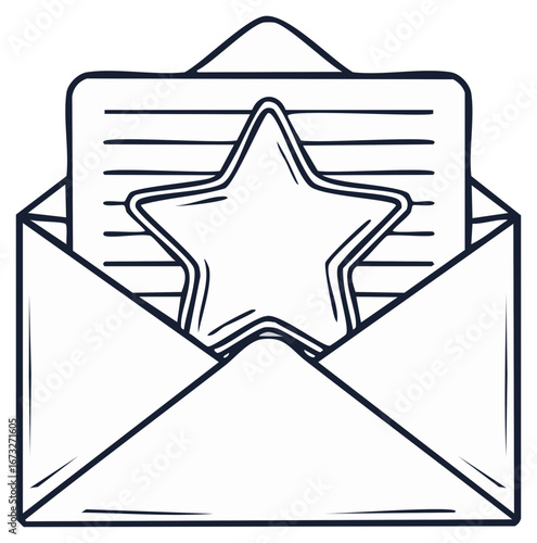 Hand drawn outline of an open mail envelope with star message