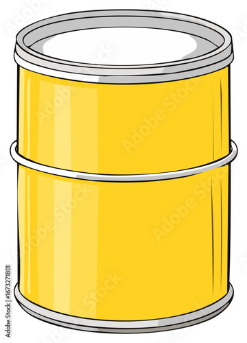 Cartoon Yellow Metal Barrel with Silver Trim Holding Oil or Paint Storage Container Isolated