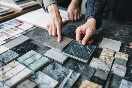 Designers selecting stone samples for a project showcasing various colors and textures