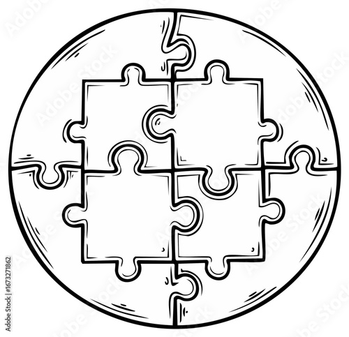 Hand drawn style puzzle pieces fitting together within a circle concept.