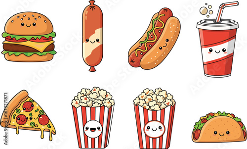 Cute cartoon fast food characters, hamburger, pizza, taco, hot dog, popcorn, soda, sausage, adorable kawaii snack icons, vector illustration set