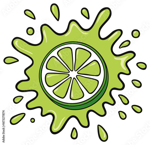Cartoon lime slice with a fresh green juice splash illustration