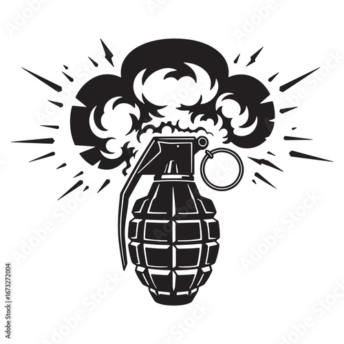 Detailed illustration of a black and white grenade with a burst effect, perfect for adding a touch of danger to design projects or emphasizing explosive themes