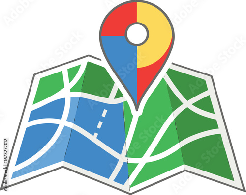Vector art of stylized map with a colorful location pin on top, representing navigation and travel