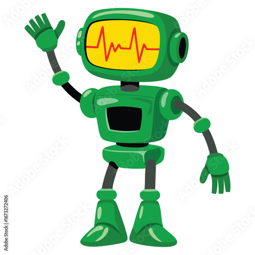 Funny green robot vector illustration isolated on white background. Perfect for technology, web projects, game design, and playful tech visuals.