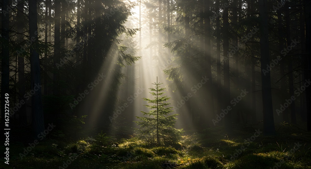 Obraz premium Dramatic Sunbeams Through Misty Forest Canopy, Centering a Bright Young Pine Sapling