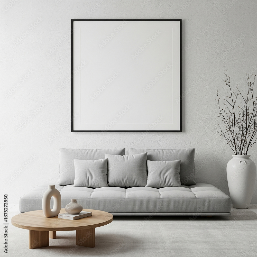 Fototapeta premium Modern living room interior with light grey sofa, round wood table with sculpture, single wall frame, branches in tall vase, bright natural light, neutral wall tones and