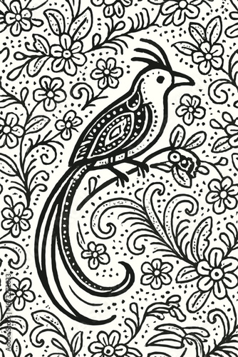 A beautiful black and white line art illustration depicts a stylized exotic bird with an ornate tail, perched amidst intricate floral patterns, ideal for coloring.