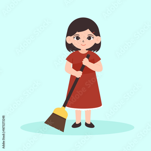 Woman Sweeping floor with broom