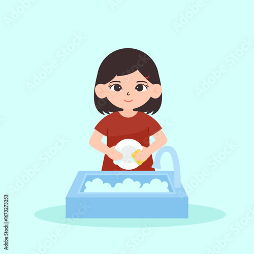 Woman washing dishes in the washbasin