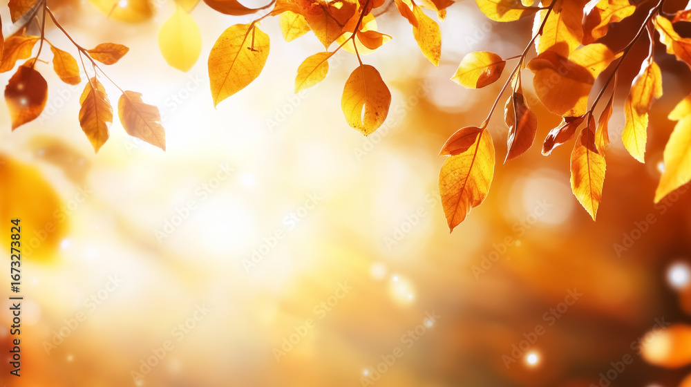 Golden autumn leaves shimmer in sunlight, creating a warm and inviting ambience. Soft blurred background adds depth to scene. Concept of seasonal decor, nature appreciation, environmental awareness Golden autumn leaves shimmer in sunlight, creating a warm and inviting ambience. Soft blurred background adds depth to scene. Concept of seasonal decor, nature appreciation, environmental awareness