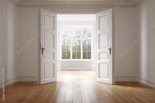 Wallpaper Mural Elegant empty room with open doors revealing a bay window and hardwood floors sunlight streaming in Torontodigital.ca