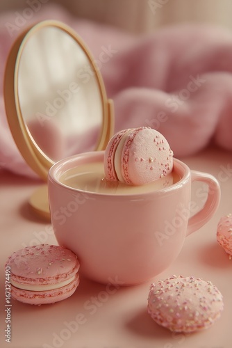 Pink macaron in a pink cup, a miniature mirror