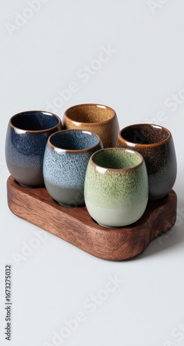 Five small, colorful ceramic cups on a wooden tray