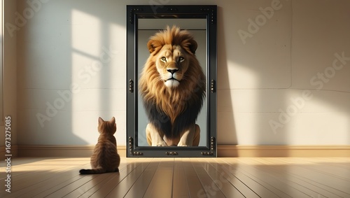 A small cat looks in the mirror and sees a lion, representing ambition and inner strength