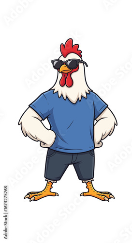 Cool Chicken Cartoon Character Wearing Sunglasses and a T-Shirt Posing with Attitude