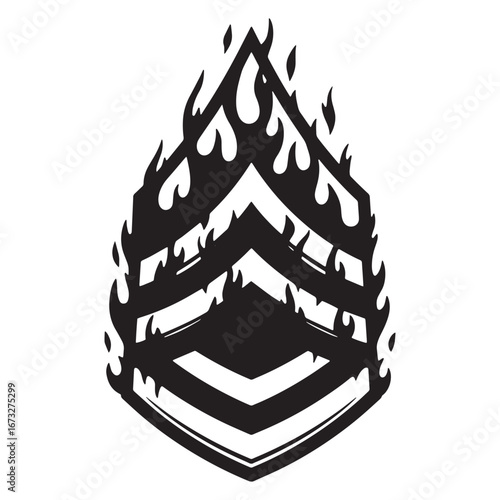 Burning military sergeant rank insignia engulfed in flames. A stylized chevron emblem vector illustration isolated on a white background.eps graphic