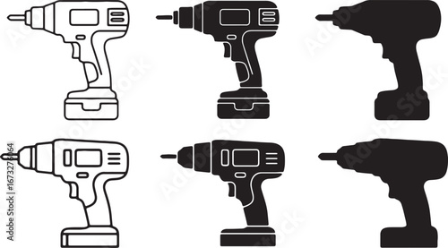 Three pairs of cordless power drills shown in outline, solid black fill, and silhouette styles. Versatile tool imagery.