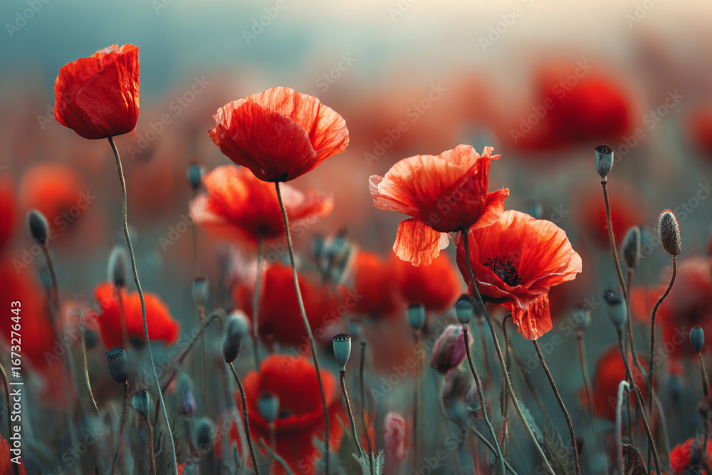 Obraz premium Vibrant red poppies in a field at sunset soft light and blurry background