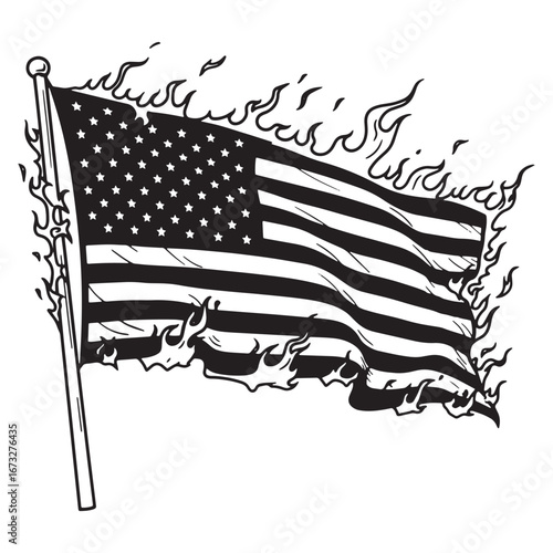 Symbolic Representation of a Burning United States Flag, Evoking Themes of Protest, Social Unrest, and Political Discontent, Depicting Destruction and Symbolic Loss