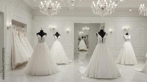 Elegant wedding dresses in showroom fashion and bridal collection