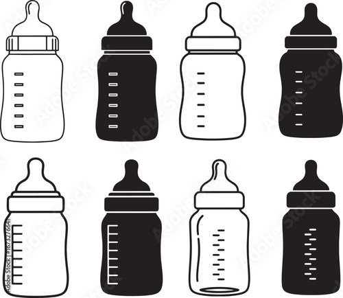 A grid of eight baby bottles, depicted in both solid black and outlined white styles, showcasing feeding essentials.