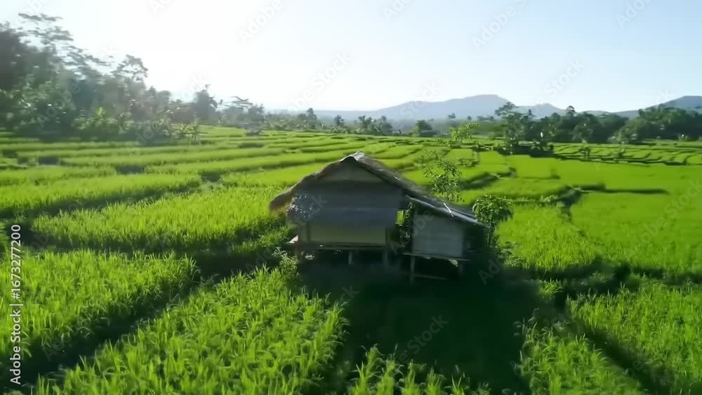 Aerial view of a traditional wooden house surrounded by lush green rice fields under a clear sky Aerial view of a traditional wooden house surrounded by lush green rice fields under a clear sky