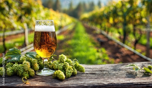 Light beer in a glass, surrounded by fresh hops on rustic wood, vineyard background