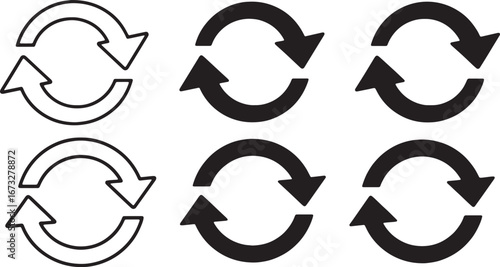 A collection of six circular arrow symbols, some outlined and some filled, signifying repetition and continuous movement.