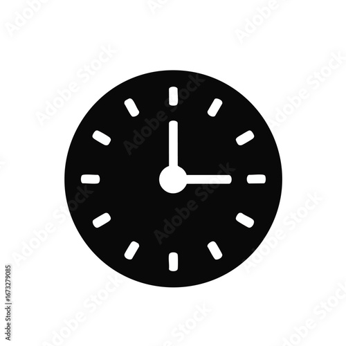 Simple black and white clock icon, displaying time at three o'clock.