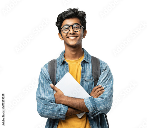 Smiling young Indian man wearing glasses and backpack, isolated on transparent cutout background