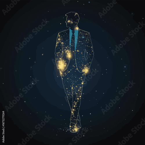 Abstract businessman silhouette composed of starry cosmos points lines planets space digital network concept in suit and tie futuristic vector illustration