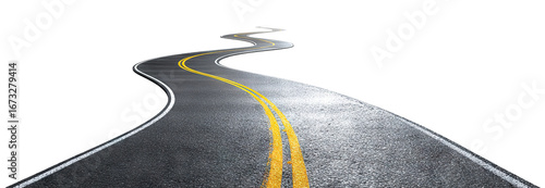 Curved asphalt road with double yellow lines, isolated on transparent cutout background