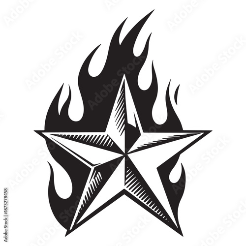 Vector graphic of a classic five-pointed star engulfed in flames. Monochrome tattoo-style illustration with an engraved, chiseled look for design. Eps concept