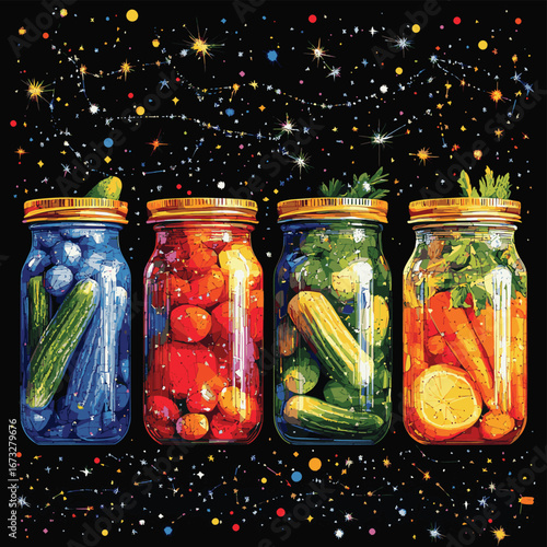 Low poly vector illustration of jars with assorted pickled vegetables against black background with constellation star patterns in colorful polygonal wireframe style