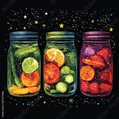 Low poly vector illustration of jars with assorted pickled vegetables against black background with constellation star patterns in colorful polygonal wireframe style