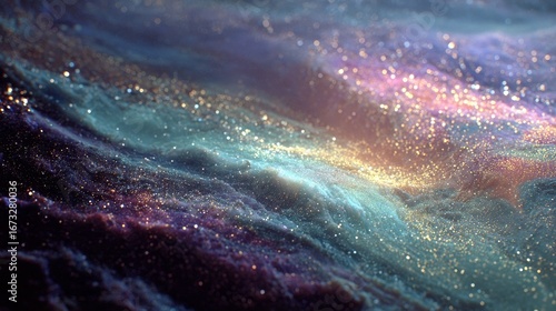 Surreal stellar dust texture in psychedelic aqua colors with zero gravity effect, layered 3D synthetic elements, heavy grain and deep cosmic patterns, abstract futuristic concept art