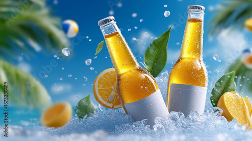 Cold beer bottles with condensation sit amidst ice and fresh lemon slices in a vibrant summer setting. Bright blue background with palm fronds evokes relaxation