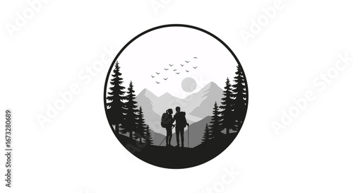 Couple embarking on epic mountain adventure, surrounded by pine trees and vast landscapes, seeking exploration and freedom under the sun.