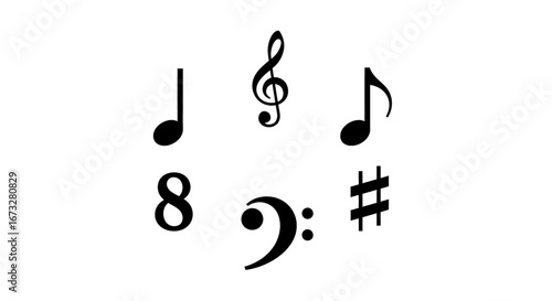 Captivating collection of essential music notation symbols including treble clef, bass clef, notes, and sharp sign for creative projects